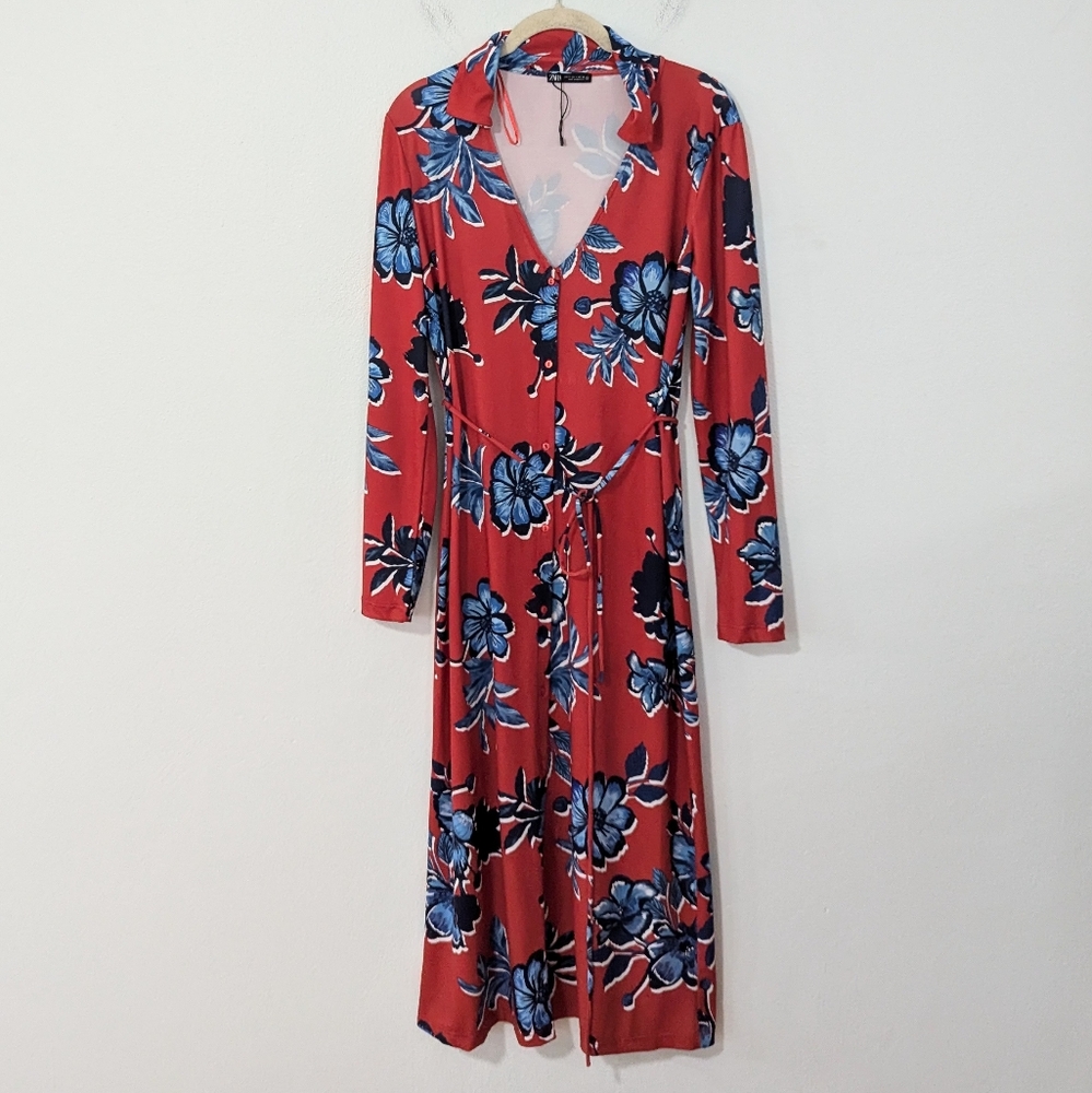 Zara Floral Print Button Front Long Sleeve Collared Midi Shirt Dress Red Small S - Picture 2 of 10